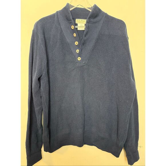 L.L. Bean Chunky Knit Cotton Henley Sweater Blue Mens Large Vintage Classic Outd - Picture 1 of 3